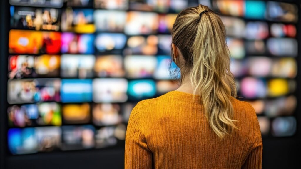 Une spectatrice devant un écran proposant plusieurs contenus télévisés